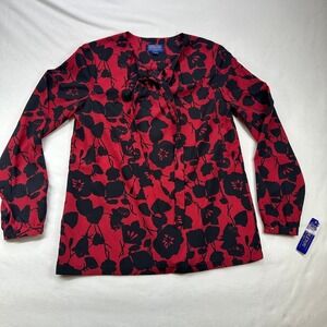 Pendleton Women's Red Black Floral Long Sleeve Bow‎ Neck Blouse Top Size 4